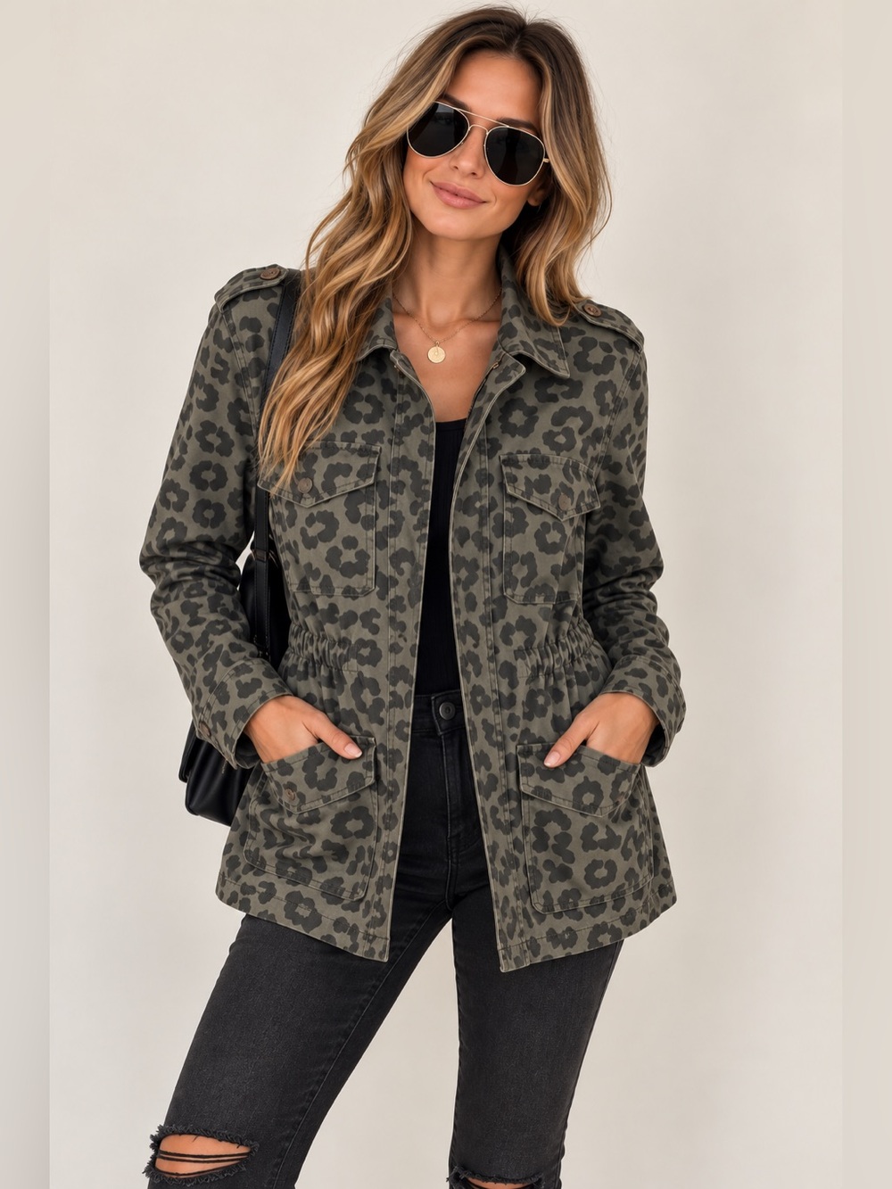 Forever 21 Army Green Leopard Print Utility Jacket